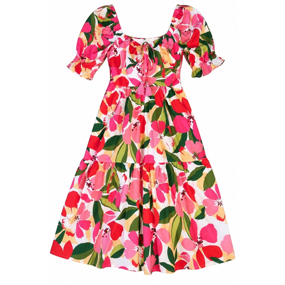 Vince Camuto Pink Floral Tiered Midi Dress Puff Sleeve Smocked Back Size 8